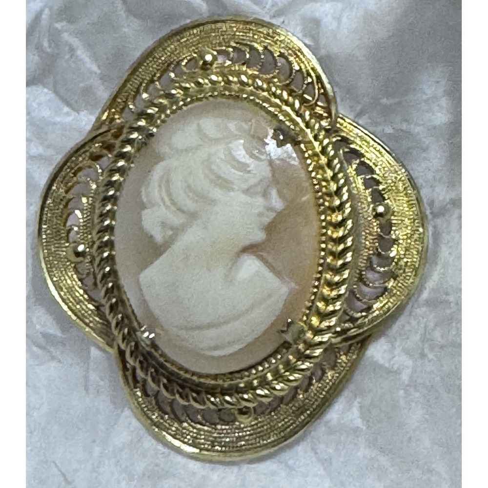 Vintage Gold Toned Cameo Brooch Classical Lady Filigree Frame Victorian Pin